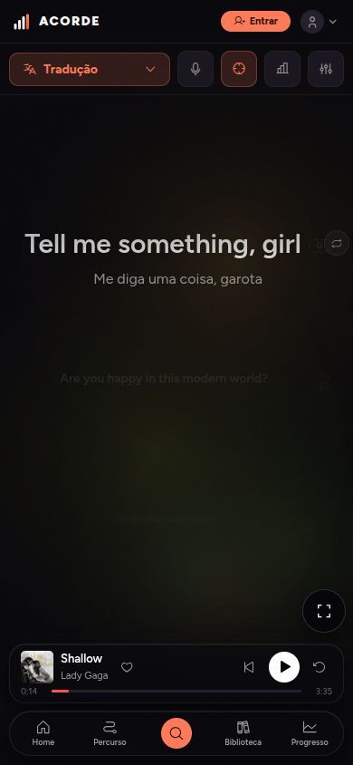 Estudo de uma música no Acorde, com letra sincronizada e tradução em português